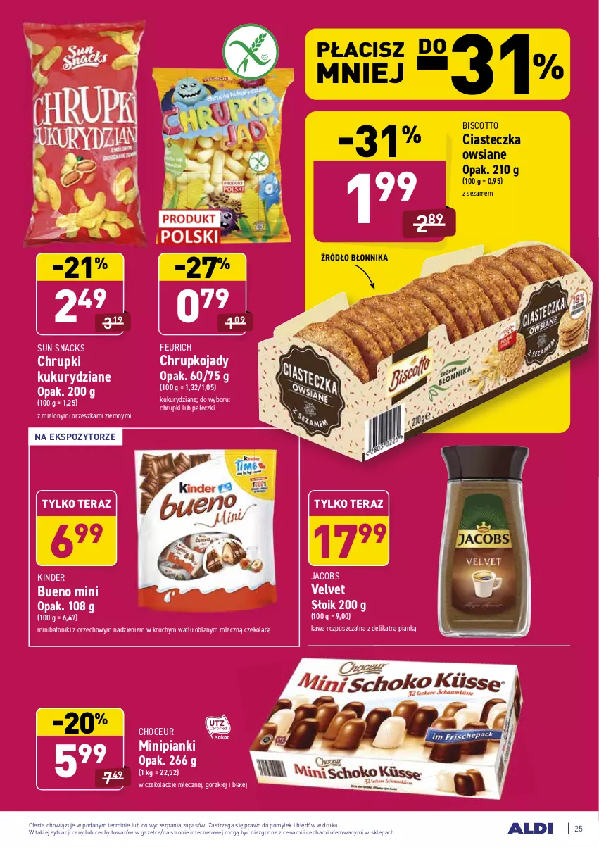 Gazetka promocyjna Aldi - ALE! CENA - ważna 15.02 do 20.02.2021 - strona 25 - produkty: Baton, Chrupki, Jacobs, Kawa, Kawa rozpuszczalna, Kinder, Sezam, Tera, Tonik, Velvet