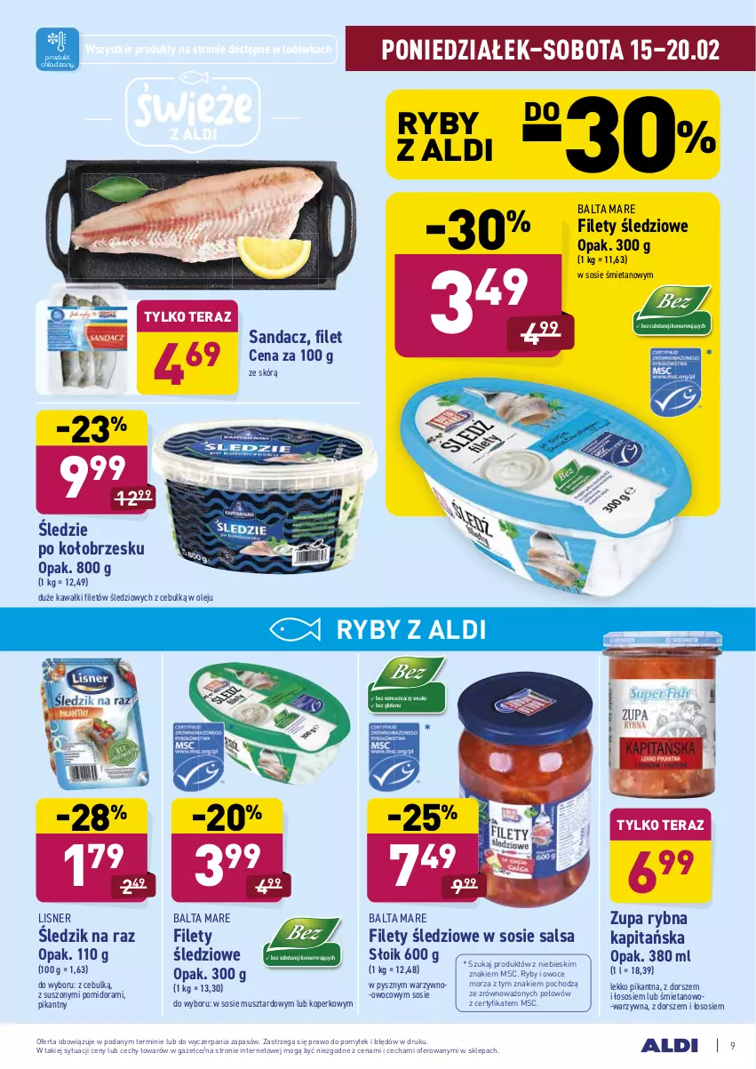 Gazetka promocyjna Aldi - ALE! CENA - ważna 15.02 do 20.02.2021 - strona 9 - produkty: Balta Mare, Dorsz, Kawa, Lisner, Lodówka, Mus, Olej, Owoce, Owoce morza, Ryby i owoce morza, Salsa, Sandacz, Ser, Sos, Tera, Zupa