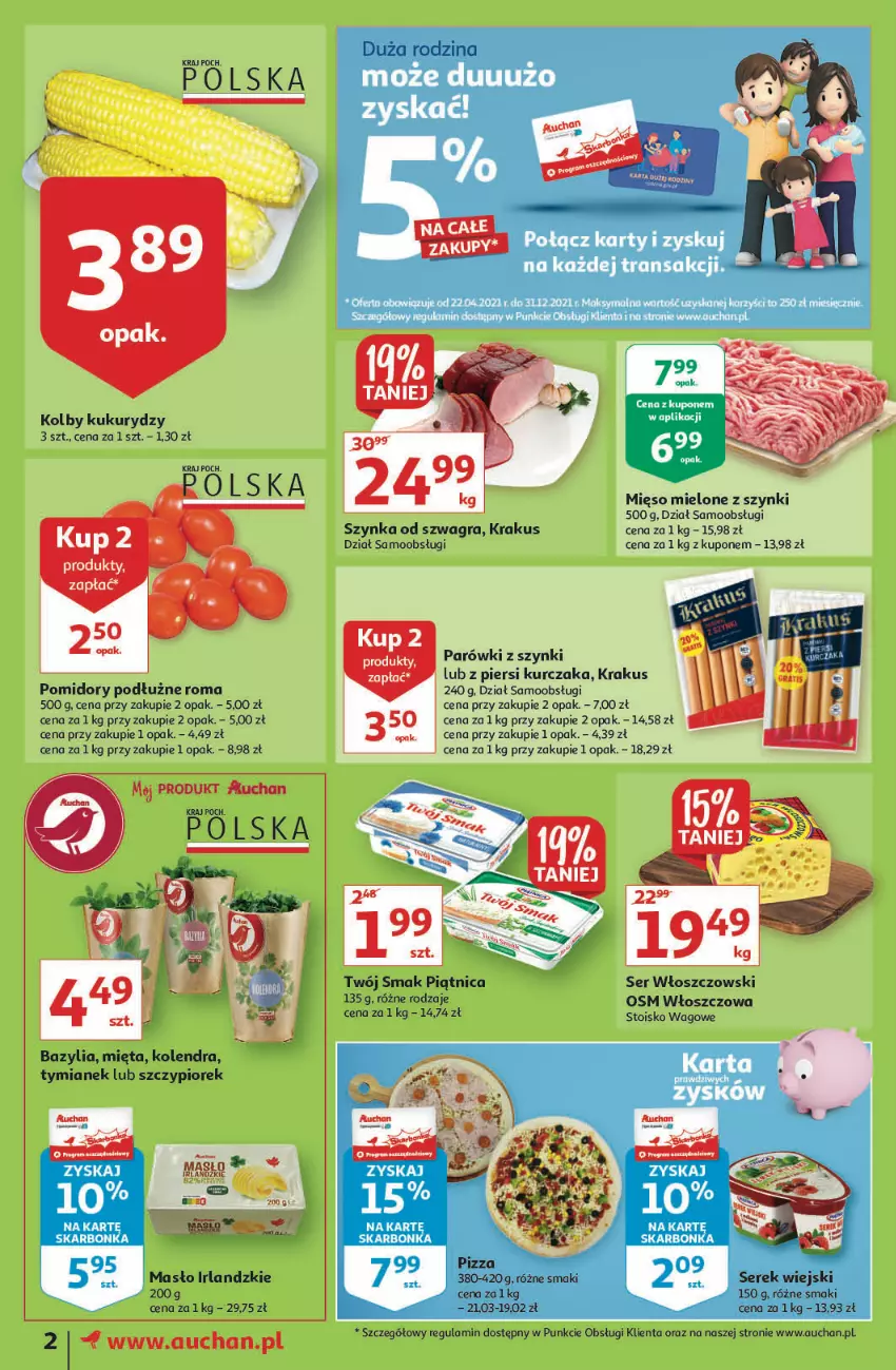 Gazetka promocyjna Auchan - Rysują się supertanie okazje Moje Auchan - ważna 19.08 do 25.08.2021 - strona 2 - produkty: Bazyl, Bazylia, Gra, Kolendra, Krakus, Kurczak, Masło, Mięso, Mięso mielone, Mięso mielone z szynki, Mięta, Parówki, Parówki z szynki, Piątnica, Pomidory, Ser, Szynka, Tran, Twój Smak, Włoszczowski