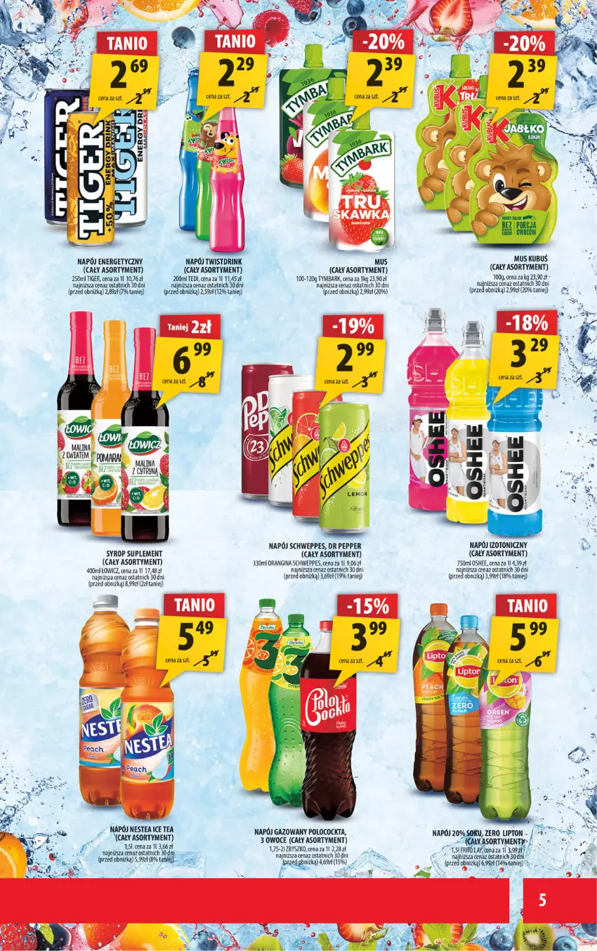 Gazetka promocyjna Arhelan - Gazetka - ważna 04.07 do 13.07.2025 - strona 5 - produkty: Fa, Gin, Ice tea, Lipton, Mus, Napój, Napój energetyczny, Napój gazowany, Napój izotoniczny, Nestea, Oshee, Owoce, Schweppes, Sok, Syrop, Tiger, Tymbark