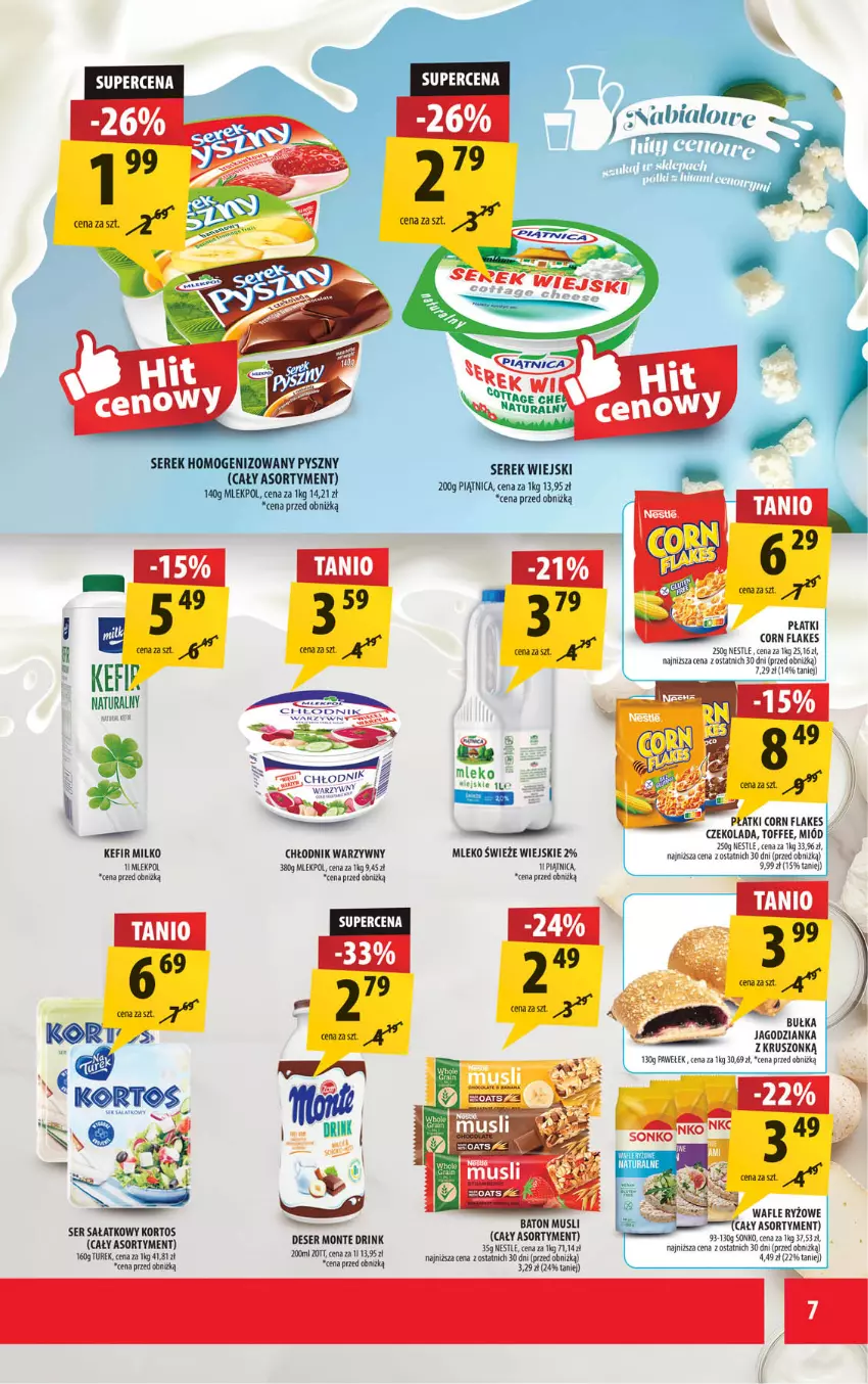 Gazetka promocyjna Arhelan - Gazetka - ważna 04.07 do 13.07.2025 - strona 7 - produkty: Baton, Corn flakes, Czekolada, Deser, Jagodzianka, Kefir, Miód, Mleko, Monte, Mus, Piątnica, Ryż, Sałat, Ser, Serek, Serek homogenizowany, Serek wiejski, Sonko, Wafle, Zott