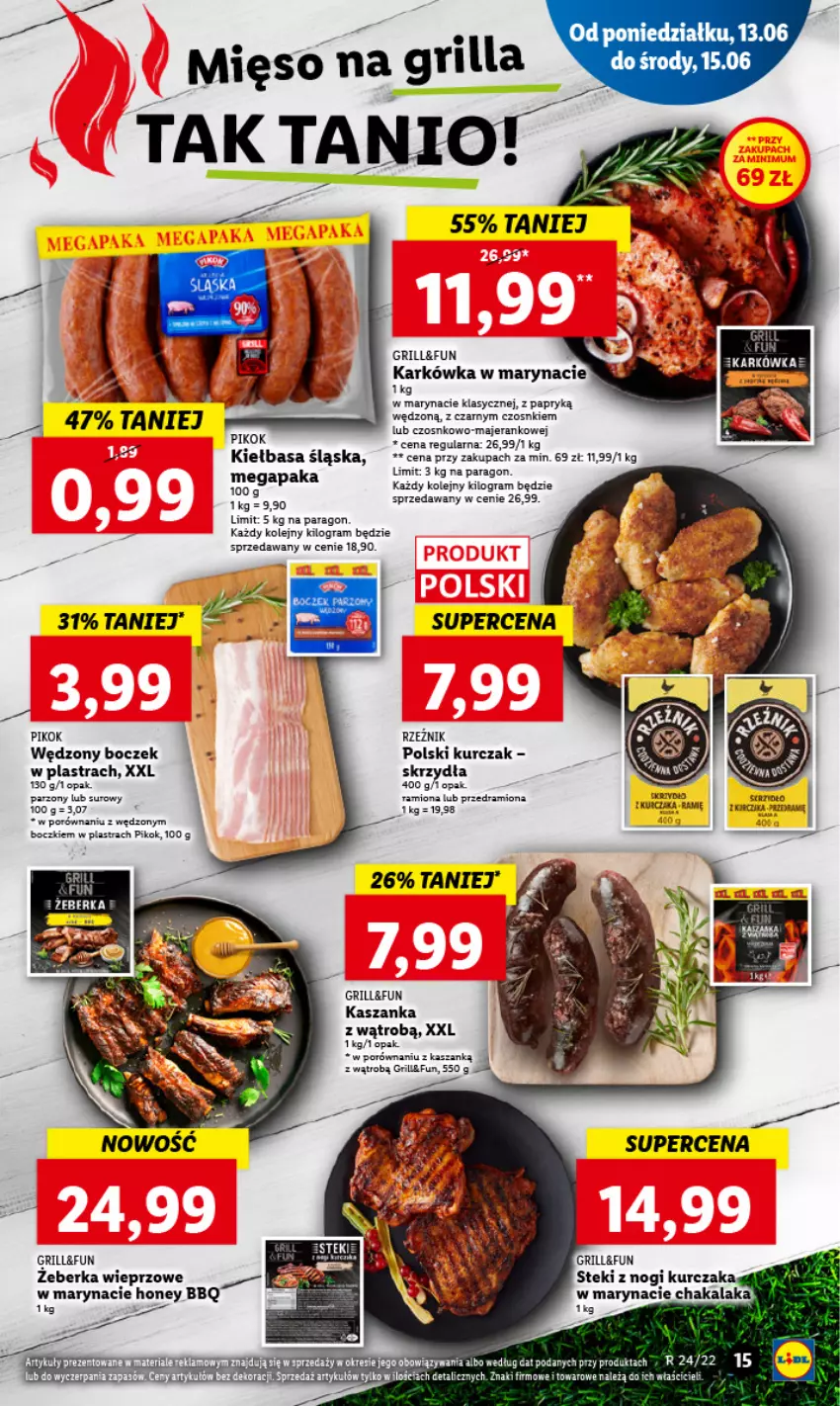 Gazetka promocyjna Lidl - GAZETKA - ważna 13.06 do 15.06.2022 - strona 15 - produkty: Boczek, Gra, Grill, Kasza, Kaszanka, Kiełbasa, Kiełbasa śląska, Koc, Kurczak, LG, Mięso, Olej, PIKOK, Por, Stek