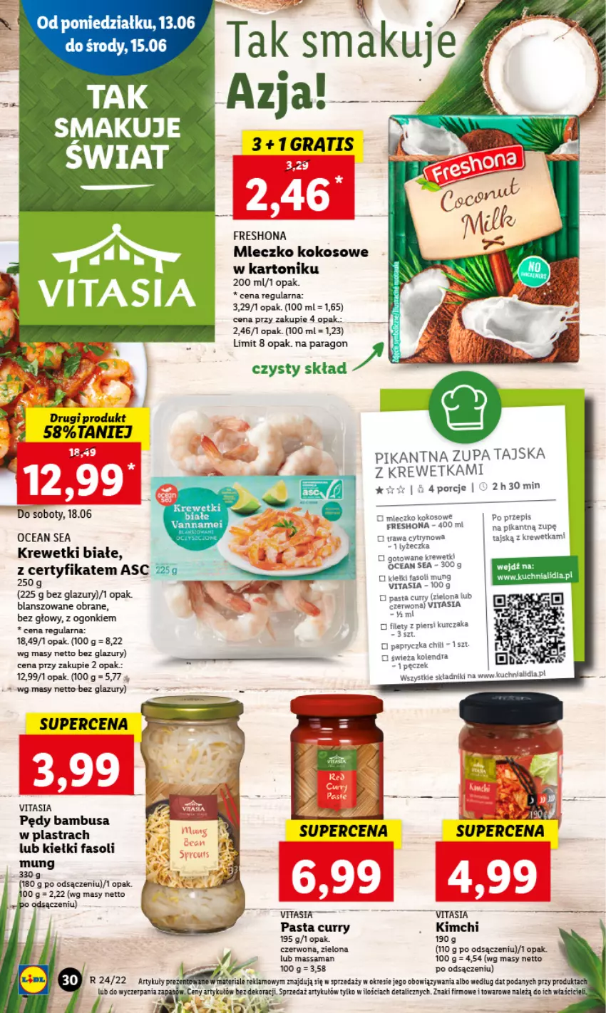 Gazetka promocyjna Lidl - GAZETKA - ważna 13.06 do 15.06.2022 - strona 30 - produkty: Fa, Kiełki, Kiwi, Kokos, Kolendra, Krewetki, Kuchnia, Kurczak, Lazur, Mleczko, Pędy bambusa, Por, Tonik, Zupa