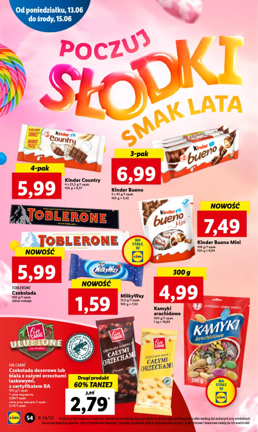 Gazetka promocyjna Lidl - GAZETKA - ważna 13.06 do 15.06.2022 - strona 54 - produkty: Czekolada, Kamyki arachidowe, Kinder, Kinder Bueno, Toblerone