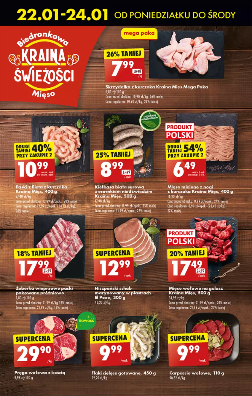 Gazetka promocyjna Biedronka - Od poniedzialku - ważna 22.01 do 27.01.2024 - strona 23 - produkty: Carpaccio, Flaki, Kiełbasa, Kiełbasa biała, Kurczak, Mięso, Mięso wołowe, Pręga wołowa, Skrzydełka z kurczaka