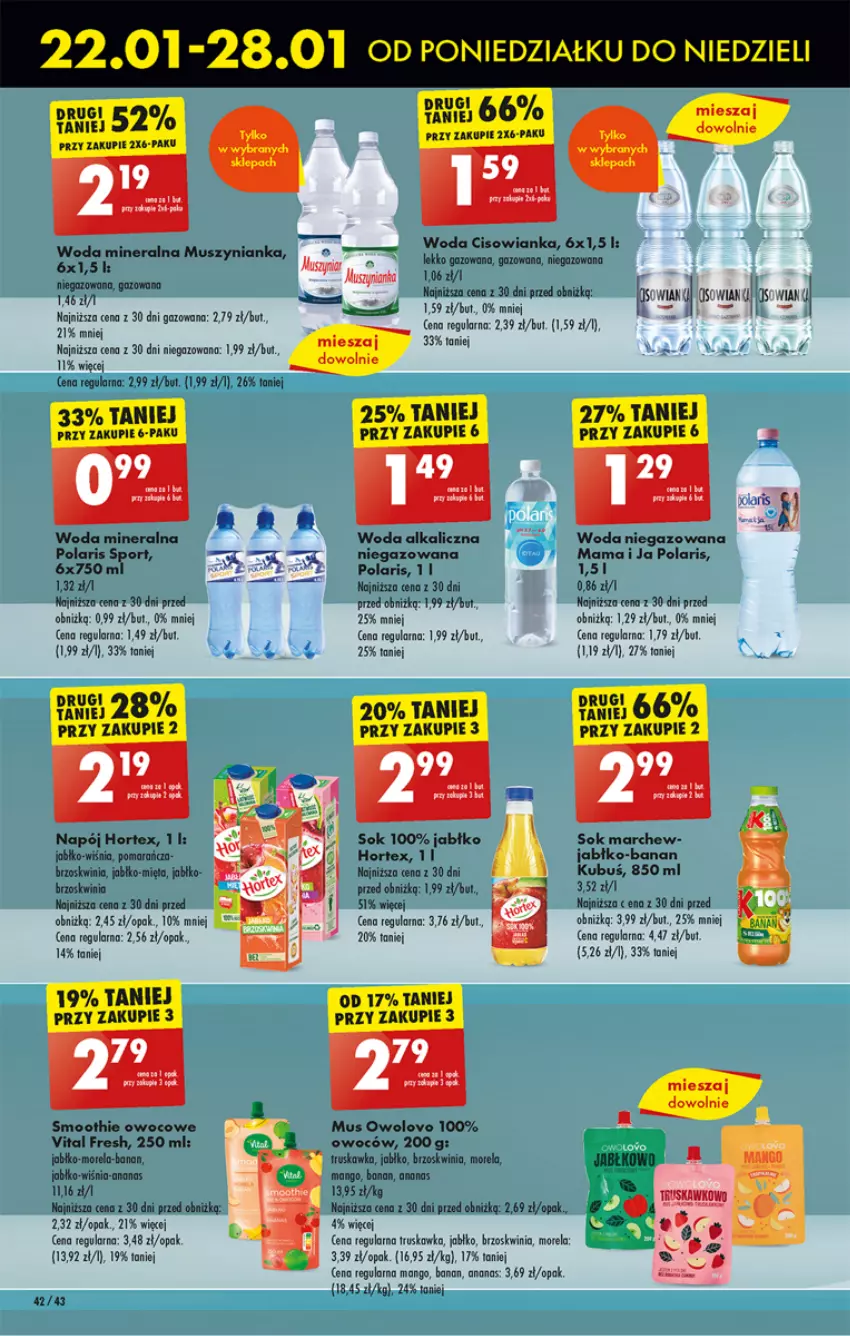 Gazetka promocyjna Biedronka - Od poniedzialku - ważna 22.01 do 27.01.2024 - strona 44 - produkty: Ananas, Banany, Cisowianka, Hortex, Mango, Mięta, Morela, Mus, Muszynianka, Napój, Por, Smoothie, Woda, Woda mineralna, Woda niegazowana