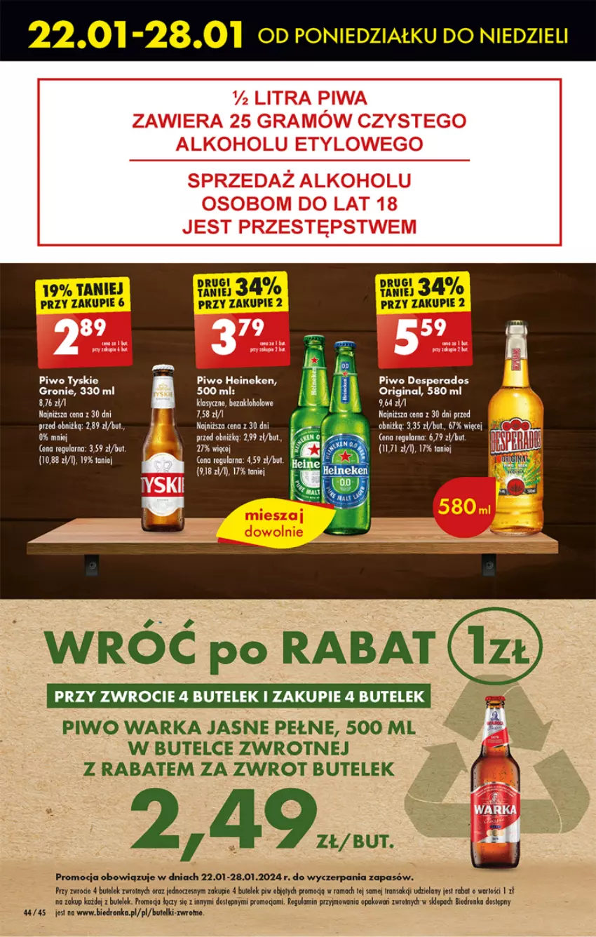 Gazetka promocyjna Biedronka - Od poniedzialku - ważna 22.01 do 27.01.2024 - strona 46 - produkty: Desperados, Dron, Gin, Heineken, Piwo, Rama, Tran, Tyskie, Warka