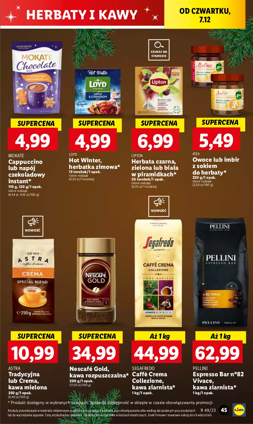 Gazetka promocyjna Lidl - GAZETKA - ważna 07.12 do 10.12.2023 - strona 49 - produkty: Cappuccino, Herbata, Herbata czarna, Imbir, Kawa, Kawa mielona, Kawa rozpuszczalna, Kawa ziarnista, Lipton, Loyd, Napój, Nescafé, Owoce, Segafredo, Sok, Torebka