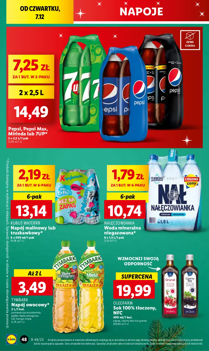 Gazetka promocyjna Lidl - GAZETKA - ważna 07.12 do 10.12.2023 - strona 52 - produkty: 7up, Fa, Gra, Granat, Kubuś, Kubuś Waterrr, Mango, Mięta, Mirinda, Nałęczowianka, Napój, Napoje, Oleo, Oleofarm, Pepsi, Pepsi max, Por, Sok, Tymbark, Wino, Woda, Woda mineralna