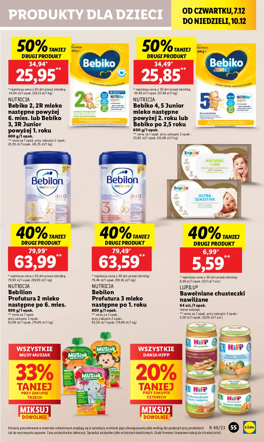 Gazetka promocyjna Lidl - GAZETKA - ważna 07.12 do 10.12.2023 - strona 61 - produkty: Bebiko, BEBILON, Chusteczki, Dzieci, HiPP, Lion, Mleko, Mus, O nas