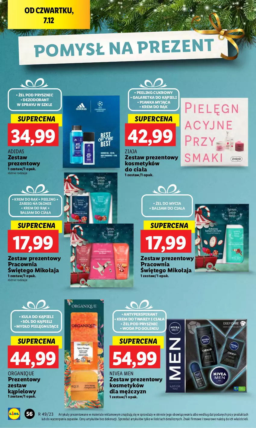 Gazetka promocyjna Lidl - GAZETKA - ważna 07.12 do 10.12.2023 - strona 62 - produkty: Adidas, Antyperspirant, Balsam do ciała, Dezodorant, Gala, Galaretka, Krem do rąk, Krem do twarzy, Kula do kąpieli, Mydło, Nivea, Nivea Men, Peeling, Sól, Sól do kąpieli, Woda, Woda po goleniu, Zestaw prezentowy, Ziaja