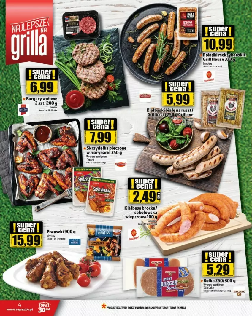 Gazetka promocyjna Topaz - ważna 10.08 do 16.08.2023 - strona 19 - produkty: Bułka, Burger, Dan Cake, Grill, Kiełbasa, Morliny, Piec, Piwo, Ser, Skrzydełka pieczone, Sok, Sokołów, Top