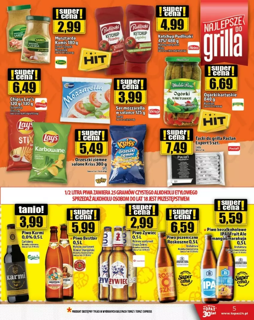 Gazetka promocyjna Topaz - ważna 10.08 do 16.08.2023 - strona 20 - produkty: Fa, Gra, Kamis, Karmi, Ketchup, Kosz, Mozzarella, Mus, Musztarda, Piwa, Piwo, Pudliszki, Ser, Solan, Top