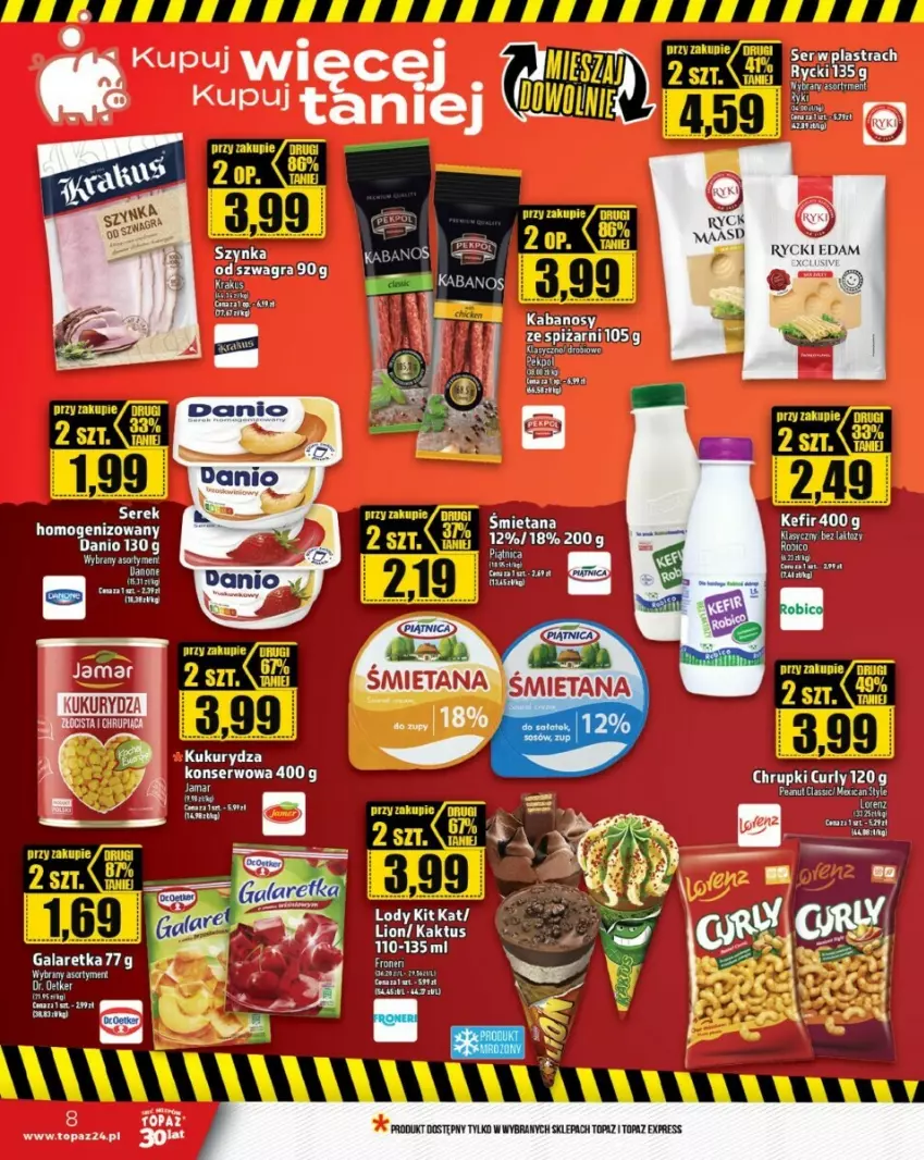 Gazetka promocyjna Topaz - ważna 10.08 do 16.08.2023 - strona 23 - produkty: Danio, Danone, Dr. Oetker, Edam, Gala, Galaretka, Gra, Kabanos, Krakus, Kukurydza, Kukurydza konserwowa, Lorenz, Piątnica, Rycki Edam, Ser, Szynka, Top