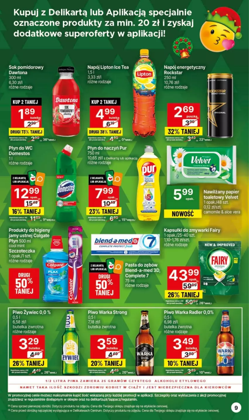 Gazetka promocyjna Delikatesy Centrum - Dyskontowe ceny w Delikatesach Centrum - ważna 23.11 do 29.11.2023 - strona 9 - produkty: Aloe vera, Blend-a-Med, Colgate, Dawtona, Dell, Domestos, Fa, Fairy, Gra, Ice tea, LG, Lipton, Napój, Napój energetyczny, Nawilżany papier, Papier, Papier toaletowy, Pasta do zębów, Piwa, Piwo, Płyn do wc, Pur, Radler, Rama, Rum, Sok, Sok pomidorowy, Szczoteczka, Velvet, Warka, Zmywarki