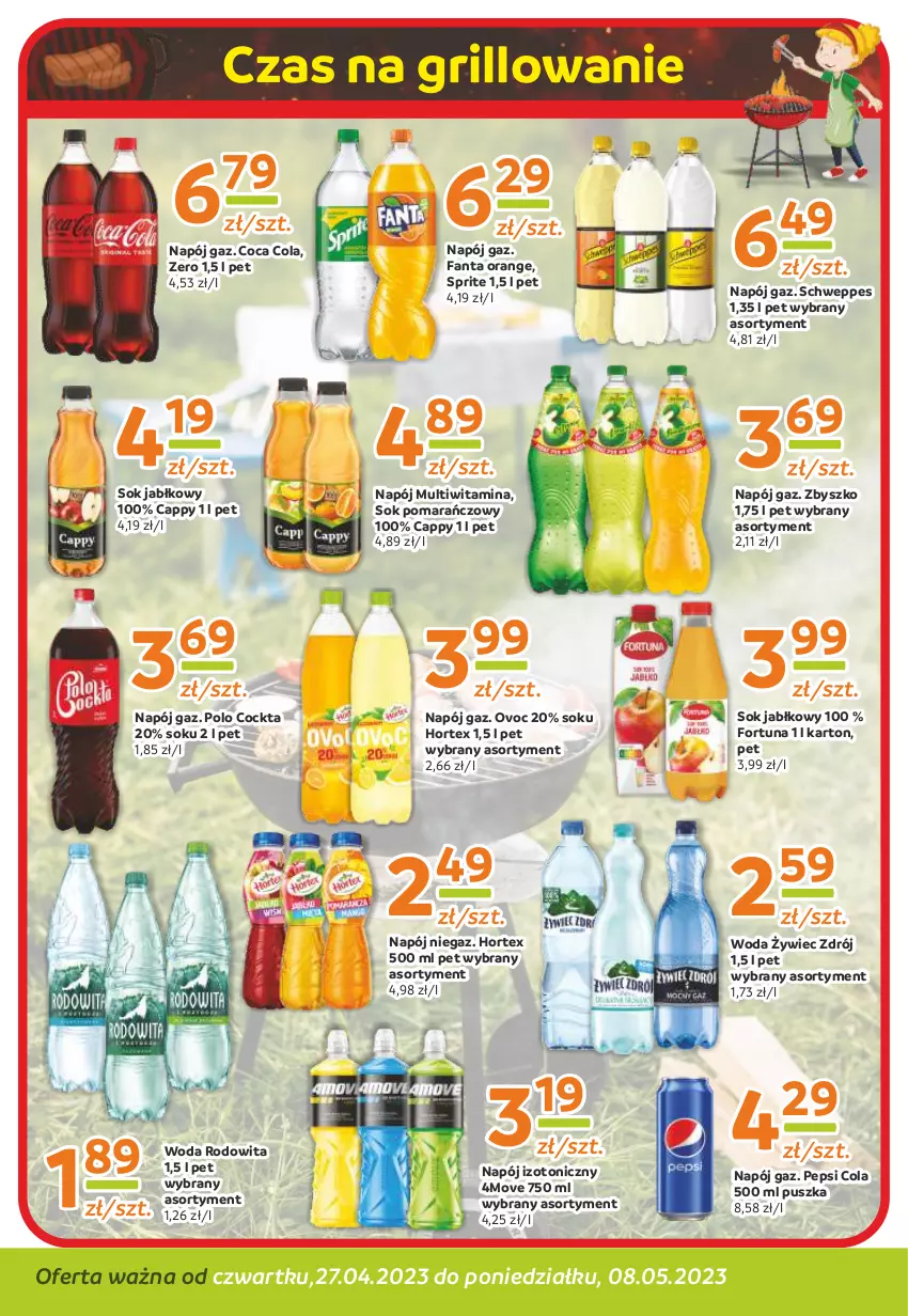 Gazetka promocyjna Gama - Gazetka Gama - ważna 08.05.2023 do 27.04.2024 - strona 10 - produkty: Cappy, Fa, Fanta, Fortuna, Grill, Hortex, Napój, Napój izotoniczny, Pepsi, Schweppes, Sok, Sok jabłkowy, Sok pomarańczowy, Sprite, Woda