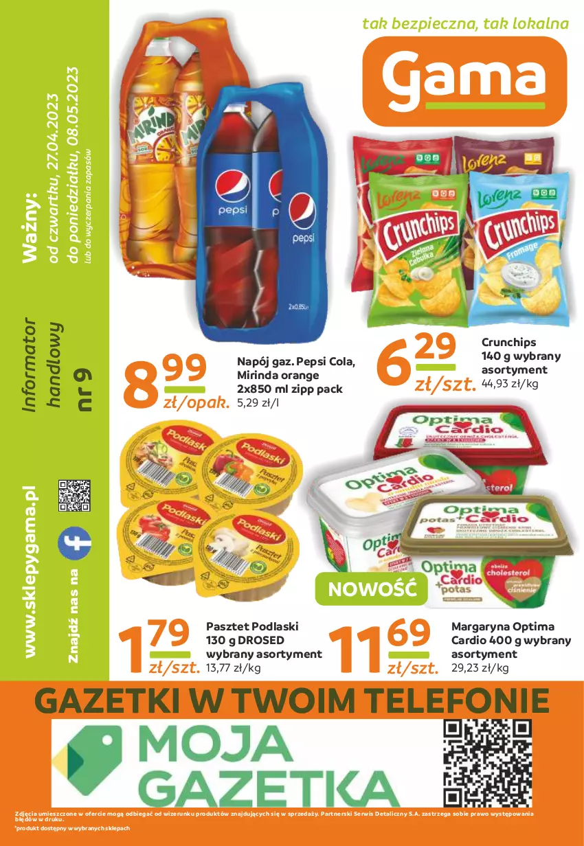 Gazetka promocyjna Gama - Gazetka Gama - ważna 08.05.2023 do 27.04.2024 - strona 12 - produkty: Crunchips, Margaryna, Mirinda, Napój, Optima, Optima Cardio, Pasztet, Pepsi, Piec, Podlaski, Ser, Telefon