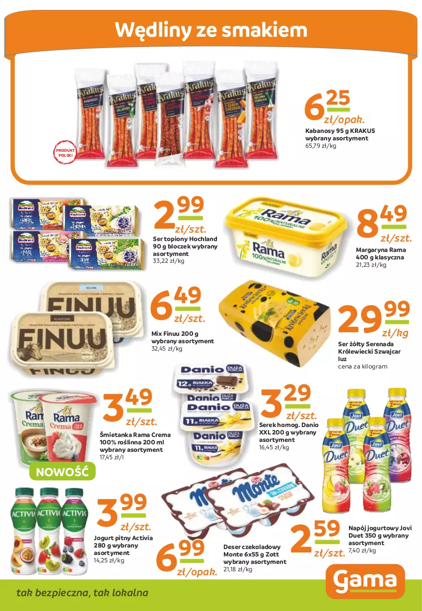 Gazetka promocyjna Gama - Gazetka Gama - ważna 08.05.2023 do 27.04.2024 - strona 3 - produkty: Activia, Danio, Deser, Finuu, Gra, Hochland, Jogurt, Jogurt pitny, Kabanos, Krakus, Margaryna, Monte, Napój, Napój jogurtowy, Piec, Rama, Ser, Ser topiony, Serek, Top, Zott