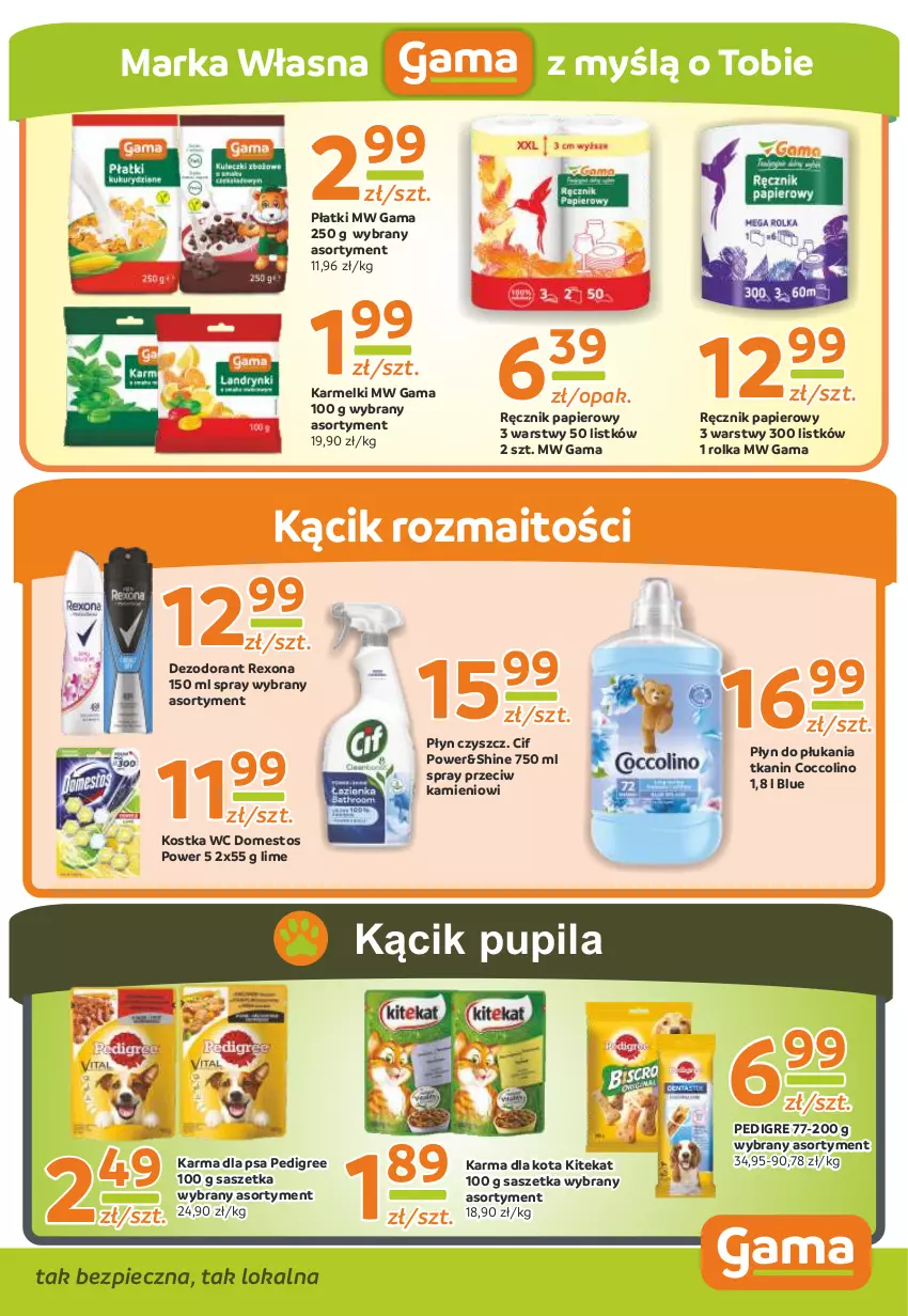 Gazetka promocyjna Gama - Gazetka Gama - ważna 08.05.2023 do 27.04.2024 - strona 7 - produkty: Cif, Coccolino, Dezodorant, Domestos, KiteKat, Papier, Pedigree, Piec, Płyn do płukania, Ręcznik, Rexona