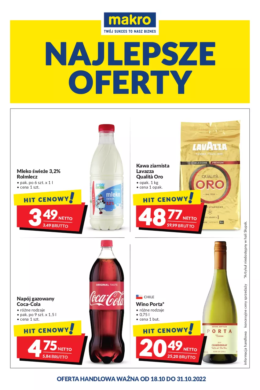 Gazetka promocyjna Makro - Najlepsze oferty - oferta z alkoholem - ważna 18.10 do 31.10.2022 - strona 1 - produkty: Coca-Cola, Kawa, Kawa ziarnista, Lavazza, Mleko, Napój, Napój gazowany, Por, Rolmlecz, Wino