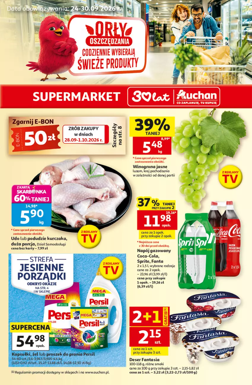 Gazetka promocyjna Auchan - Gazetka 30 Lat Supermarket Auchan - ważna 24.09 do 30.09.2026 - strona 1 - produkty: Coca-Cola, Deser, Fa, Fanta, Kurczak, Napój, Napój gazowany, Por, Ser, Wino, Winogrona