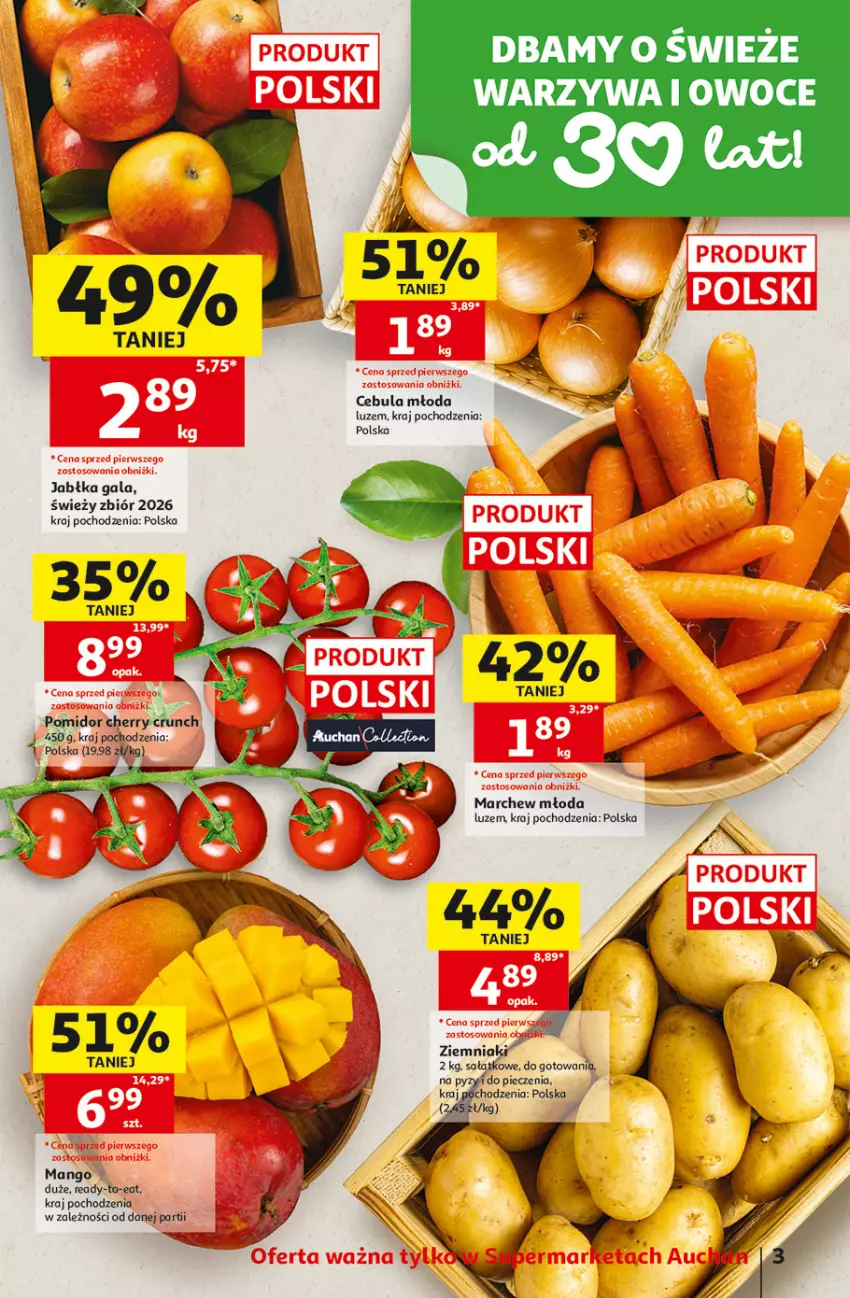 Gazetka promocyjna Auchan - Gazetka 30 Lat Supermarket Auchan - ważna 24.09 do 30.09.2026 - strona 3 - produkty: Cebula, Gala, Jabłka, Mango, Owoce, Piec, Sałat, Warzywa, Warzywa i owoce