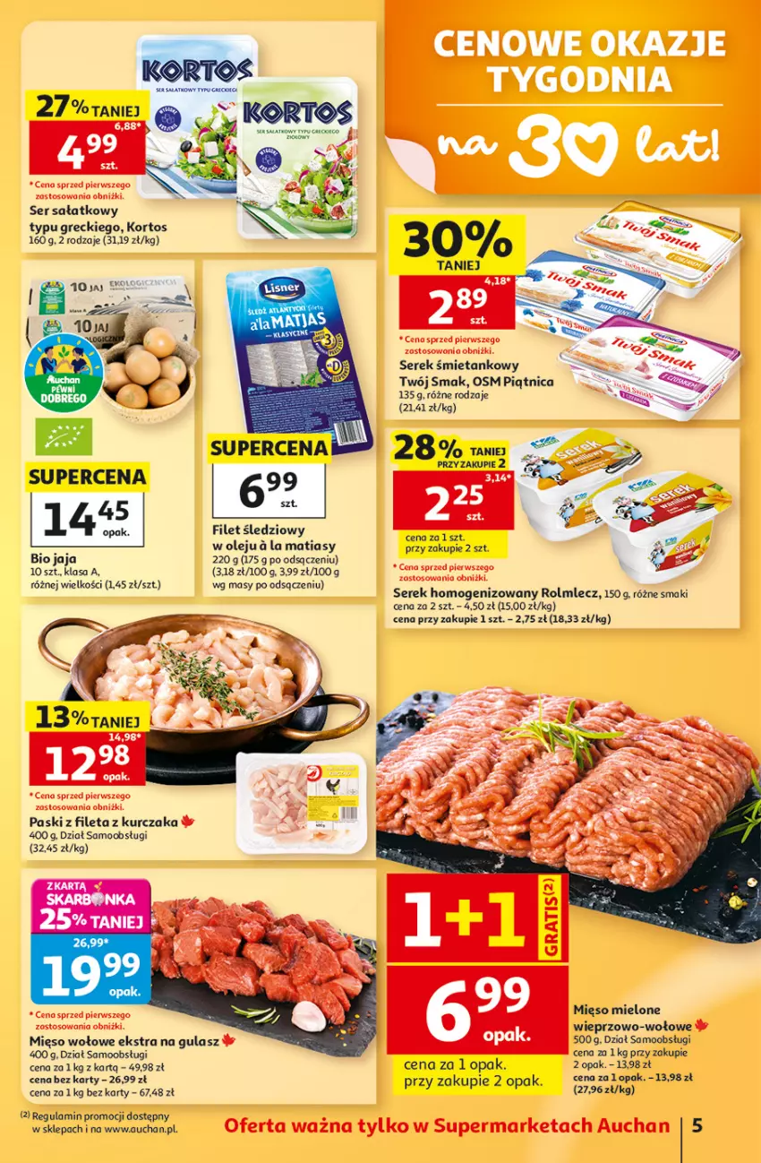 Gazetka promocyjna Auchan - Gazetka 30 Lat Supermarket Auchan - ważna 24.09 do 30.09.2026 - strona 5 - produkty: Gra, Jaja, Kurczak, Mięso, Mięso mielone, Mięso wołowe, Olej, Piątnica, Rolmlecz, Sałat, Ser, Serek, Serek homogenizowany, Twój Smak