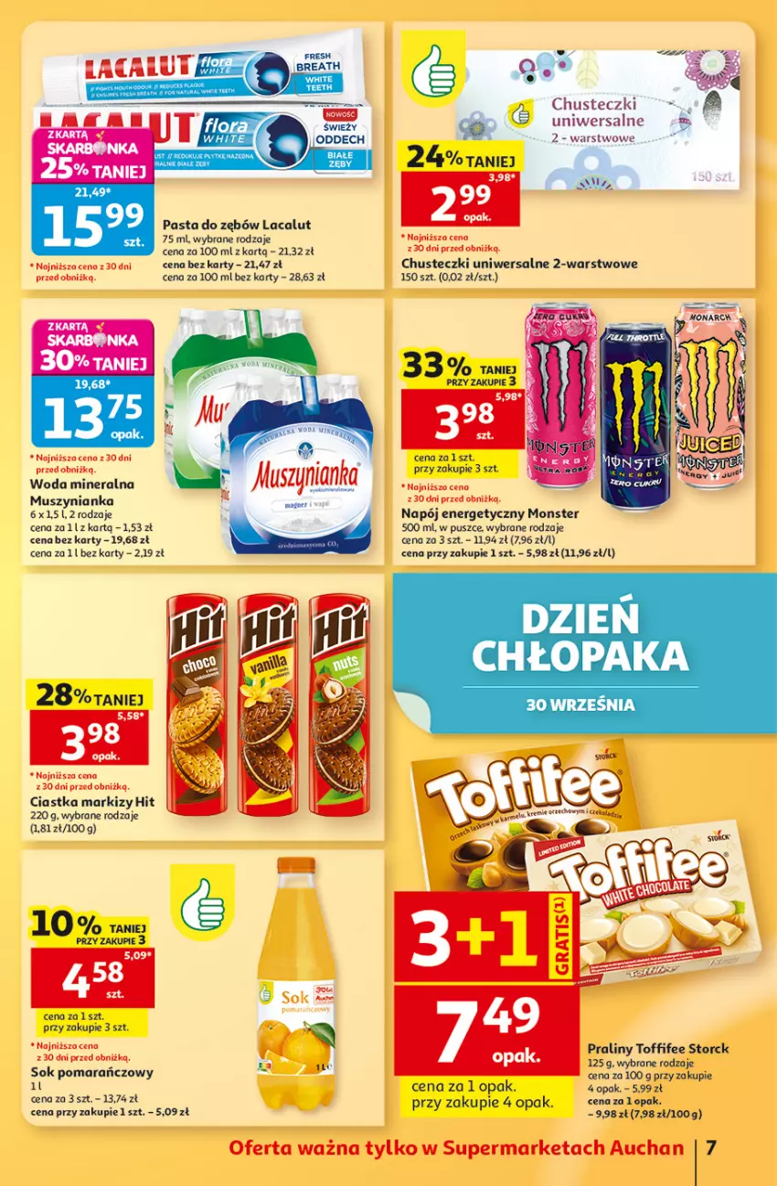 Gazetka promocyjna Auchan - Gazetka 30 Lat Supermarket Auchan - ważna 24.09 do 30.09.2026 - strona 7 - produkty: Chusteczki, Ciastka, Lacalut, Mus, Muszynianka, Napój, Napój energetyczny, Pasta do zębów, Por, Praliny, Sok, Sok pomarańczowy, Toffifee, Woda, Woda mineralna