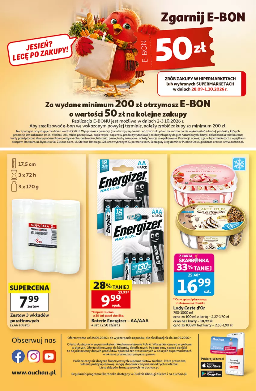 Gazetka promocyjna Auchan - Gazetka 30 Lat Supermarket Auchan - ważna 24.09 do 30.09.2026 - strona 8 - produkty: Carte d'Or, Energizer, Fa, Gra, Lody, Mleko, Olej, Papier, Por, Ser, Sport, Telefon