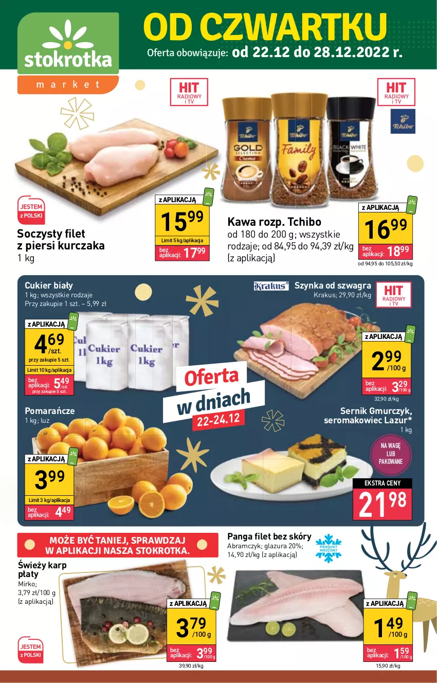 Gazetka promocyjna Stokrotka - Market - ważna 22.12 do 28.12.2022 - strona 1 - produkty: Cukier, Filet z piersi kurczaka, Glazura, Gra, Karp, Kawa, Krakus, Kurczak, Lazur, Makowiec, Panga, Pomarańcze, Ser, Szynka, Tchibo