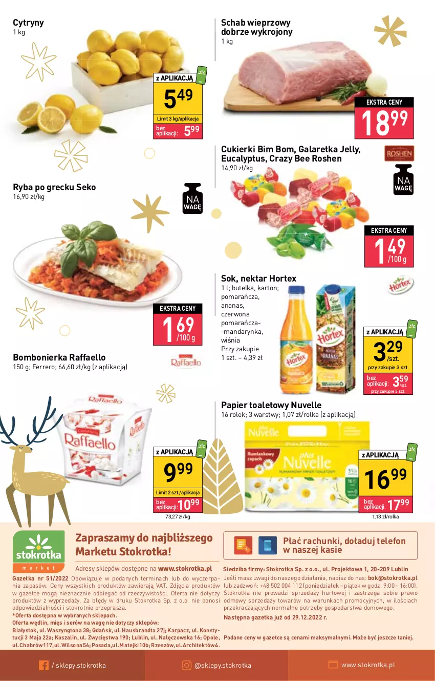 Gazetka promocyjna Stokrotka - Market - ważna 22.12 do 28.12.2022 - strona 16 - produkty: Ananas, Cukier, Cukierki, Cytryny, Dres, Fa, Ferrero, Gala, Galaretka, Hortex, JBL, Karp, Kosz, Nektar, O nas, Papier, Papier toaletowy, Raffaello, Ryba, Ryba po grecku, Schab wieprzowy, SEKO, Ser, Sok, Szal, Telefon, Wagi, Wilson