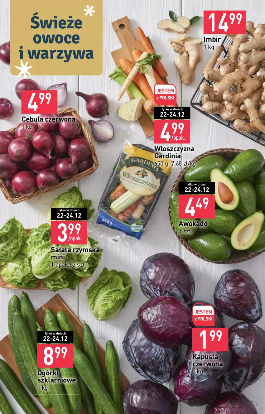 Gazetka promocyjna Stokrotka - Market - ważna 22.12 do 28.12.2022 - strona 3 - produkty: Cebula, Cebula czerwona, Imbir, Owoce, Sałat, Warzywa