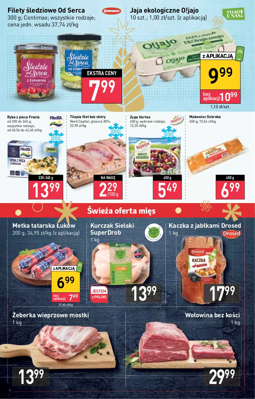 Gazetka promocyjna Stokrotka - Market - ważna 22.12 do 28.12.2022 - strona 4 - produkty: Frosta, Glazura, Hortex, Jabłka, Jaja, Kaczka, Kurczak, Lazur, Makowiec, Metka tatarska, Piec, Ryba, Ser, Tilapia, Wołowina, Wołowina bez kości, Zupa