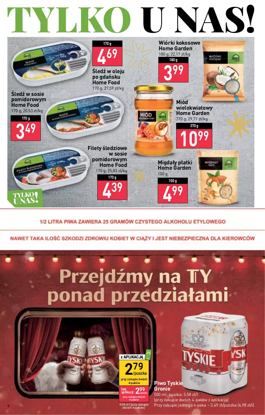 Gazetka promocyjna Stokrotka - Market - ważna 22.12 do 28.12.2022 - strona 8 - produkty: Kokos, Migdały, Miód, Olej, Piwo, Sos, Tyskie, Wiórki kokosowe