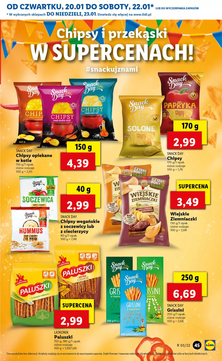 Gazetka promocyjna Lidl - GAZETKA - ważna 20.01 do 23.01.2022 - strona 45 - produkty: Chipsy, Gra, Grissini, Hummus, Lajkonik, LG, Mus