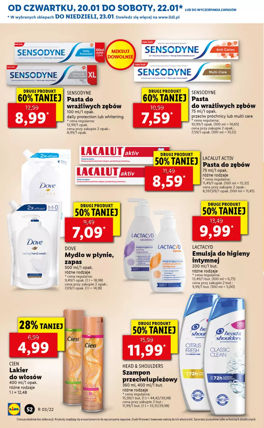 Gazetka promocyjna Lidl - GAZETKA - ważna 20.01 do 23.01.2022 - strona 52 - produkty: Dove, Emulsja, Lacalut, Lactacyd, Mus, Mydło, Mydło w płynie, Pasta do zębów, Sensodyne, Szampon