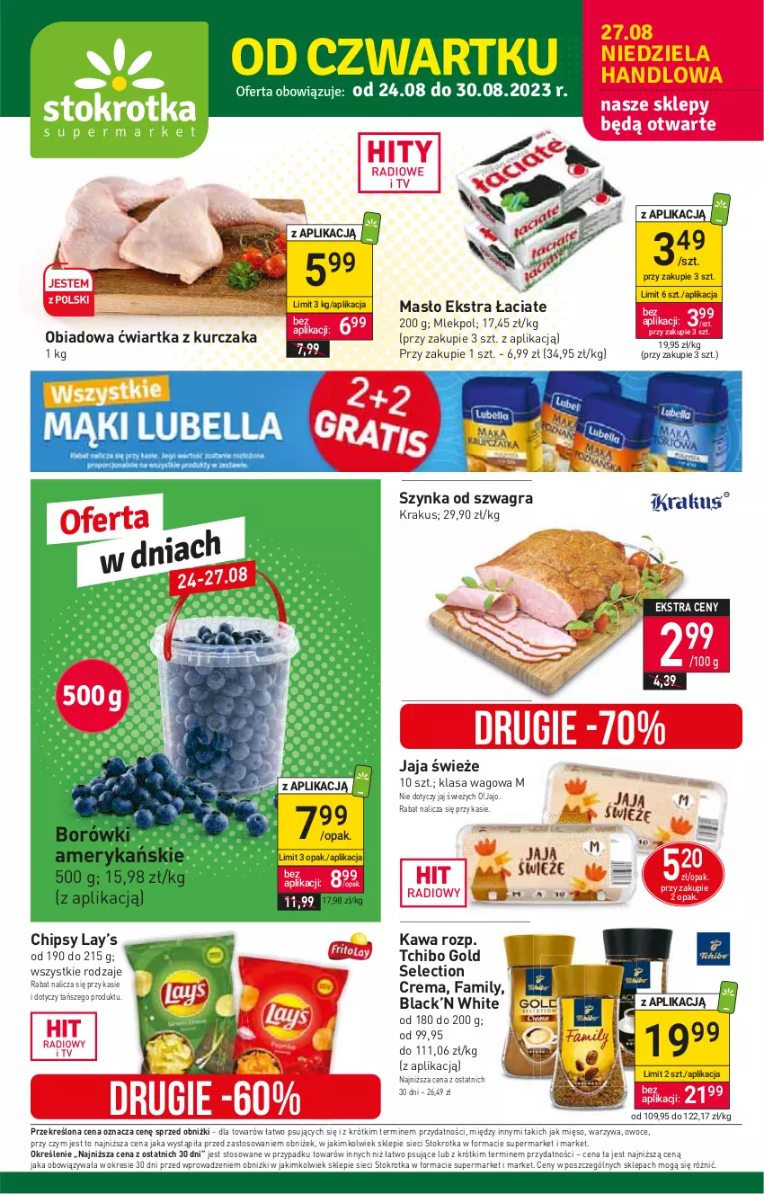 Gazetka promocyjna Stokrotka - Supermarket - ważna 24.08 do 30.08.2023 - strona 1 - produkty: Chipsy, Fa, Gra, Jaja, Kawa, Krakus, Kurczak, Lack, Lay’s, Masło, Mięso, Owoce, Szynka, Tchibo, Warzywa