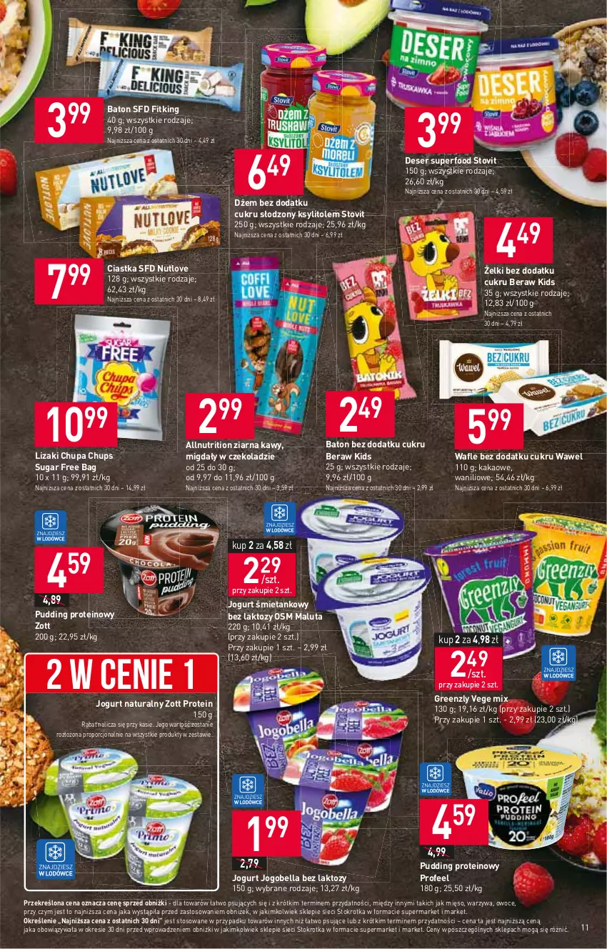 Gazetka promocyjna Stokrotka - Supermarket - ważna 24.08 do 30.08.2023 - strona 11 - produkty: Baton, Bell, Bella, Chupa Chups, Ciastka, Deser, Dżem, Jogobella, Jogurt, Jogurt naturalny, Kakao, Ksylitol, Lizaki, Mięso, Migdały, Migdały w czekoladzie, Owoce, Por, Pudding, Ser, Wafle, Warzywa, Wawel, Zott