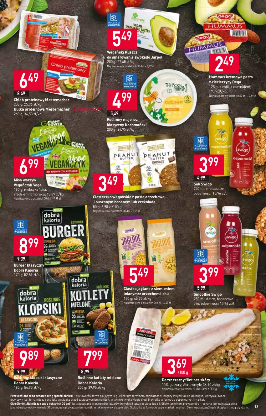 Gazetka promocyjna Stokrotka - Supermarket - ważna 24.08 do 30.08.2023 - strona 13 - produkty: Bułka, Burger, Chia, Chleb, Chleb proteinowy, Ciastka, Dega, Dorsz, Hummus, Klopsiki, Koc, Kotlet, Lazur, Majonez, Mięso, Mus, Owoce, Por, Smoothie, Sok, Warzywa