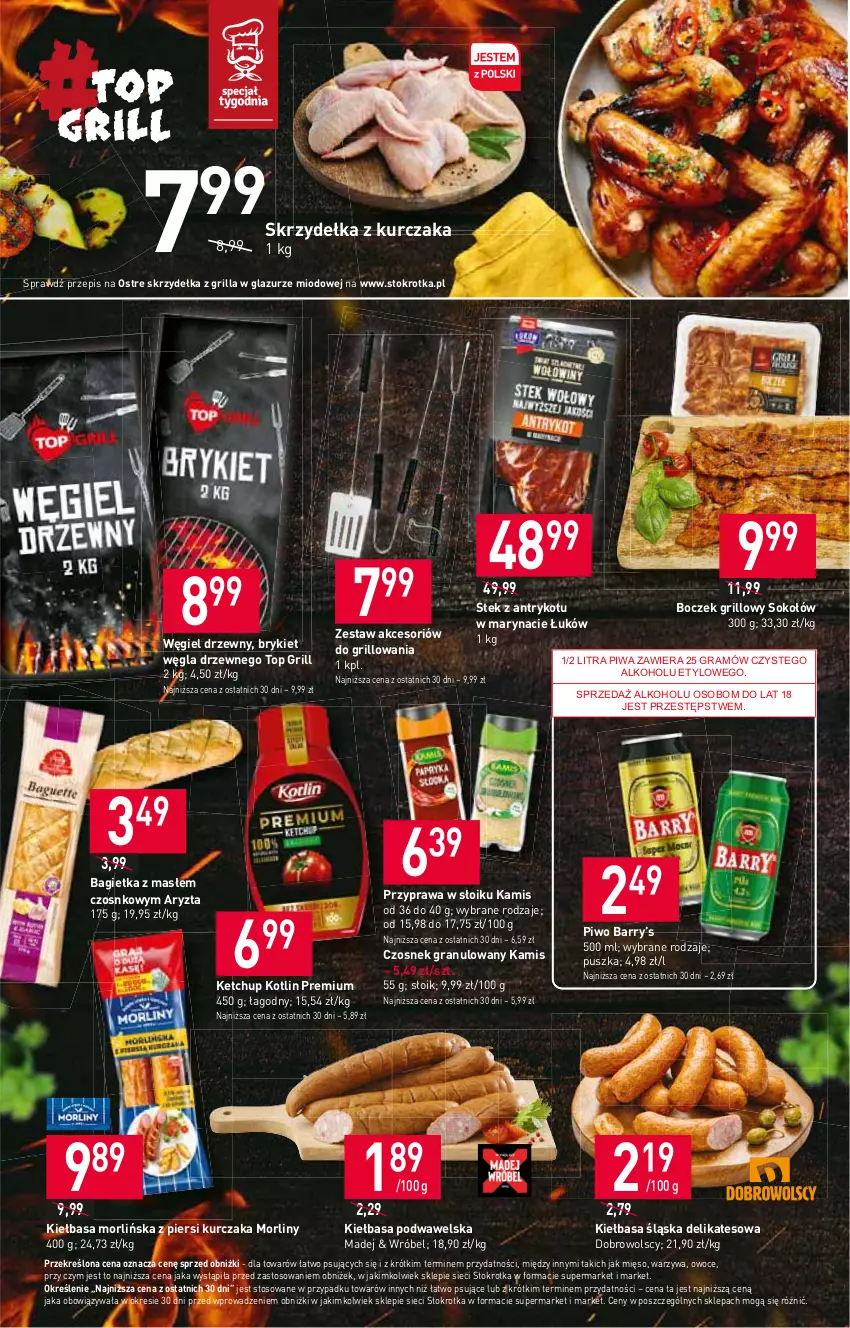 Gazetka promocyjna Stokrotka - Supermarket - ważna 24.08 do 30.08.2023 - strona 15 - produkty: Bagietka, Boczek, Czosnek, Czosnek granulowany, Gra, Grill, Kamis, Ketchup, Kiełbasa, Kiełbasa podwawelska, Kiełbasa śląska, Kotlin, Kurczak, Lazur, Mięso, Morliny, Owoce, Piwa, Piwo, Skrzydełka z kurczaka, Sok, Sokołów, Stek, Top, Warzywa, Wawel, Węgiel drzewny