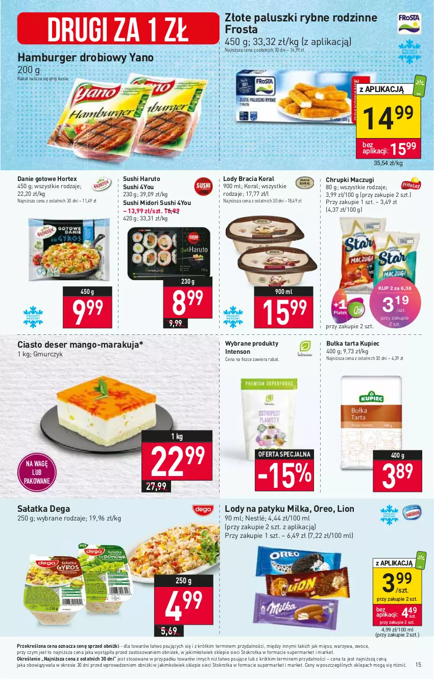 Gazetka promocyjna Stokrotka - Supermarket - ważna 24.08 do 30.08.2023 - strona 19 - produkty: Bułka, Bułka tarta, Burger, Chrupki, Danie gotowe, Dega, Deser, Frosta, Hamburger, Hortex, Kupiec, Lion, Lody, Mango, Mięso, Milka, Nestlé, Oreo, Owoce, Paluszki rybne, Piec, Sałat, Sałatka, Ser, Sushi, Tarta, Warzywa