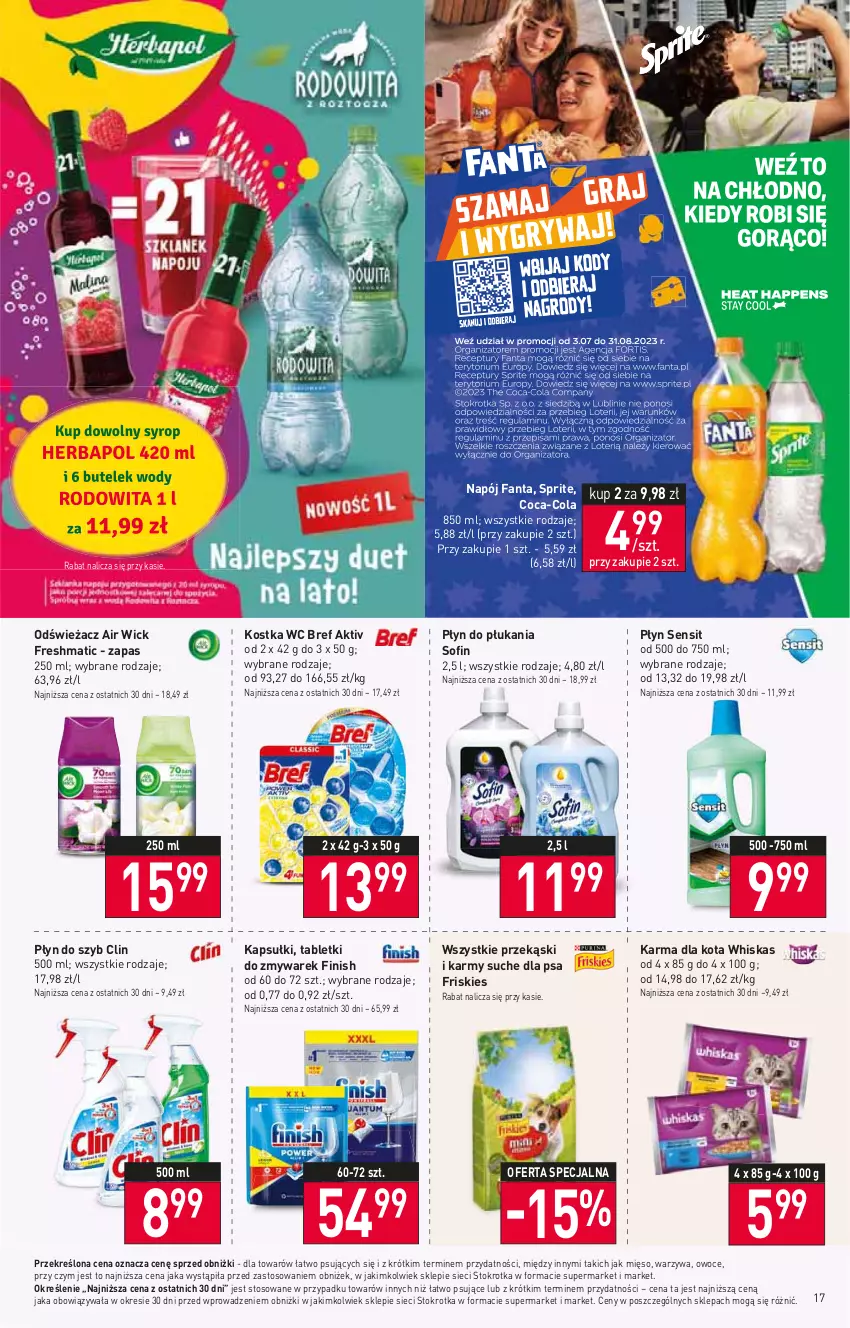 Gazetka promocyjna Stokrotka - Supermarket - ważna 24.08 do 30.08.2023 - strona 21 - produkty: Air Wick, Bref, Clin, Coca-Cola, Fa, Fanta, Finish, Friskies, Mięso, Napój, Owoce, Płyn do płukania, Płyn do szyb, Sprite, Tablet, Warzywa, Whiskas