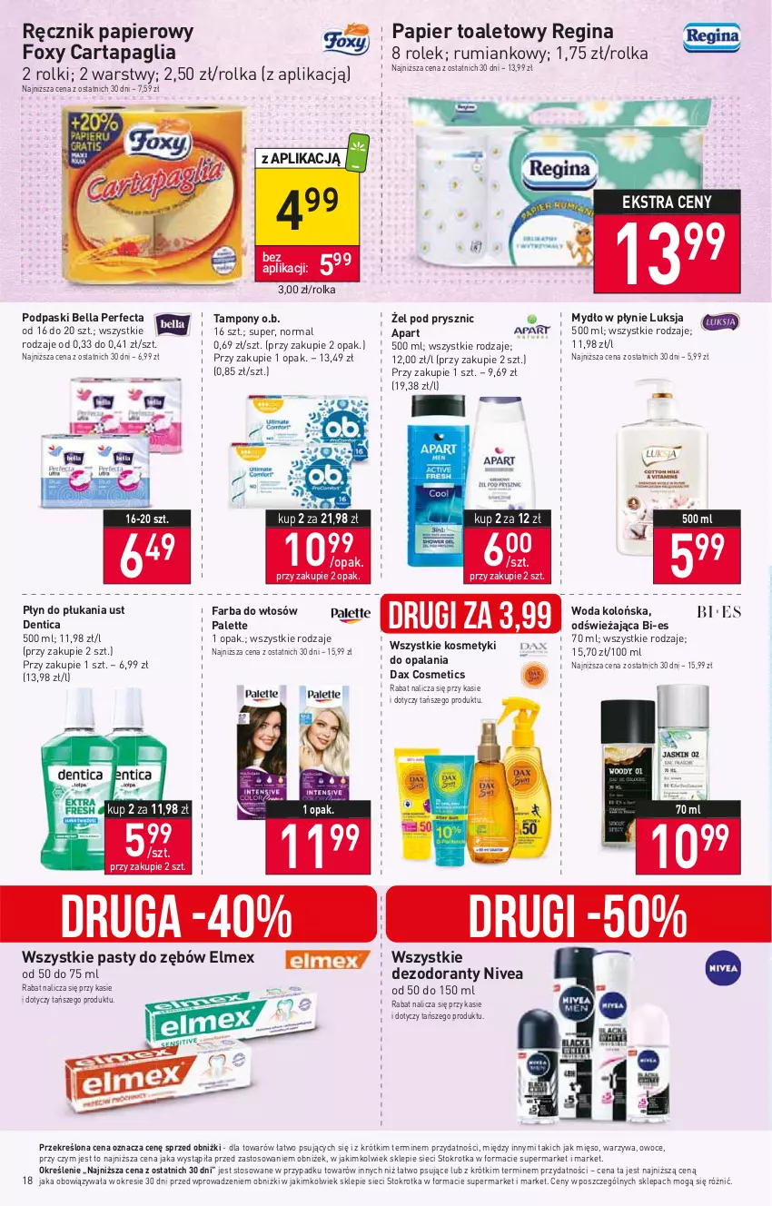 Gazetka promocyjna Stokrotka - Supermarket - ważna 24.08 do 30.08.2023 - strona 22 - produkty: Bell, Bella, DAX, Dezodorant, Elmex, Fa, Farba do włosów, Foxy, Gin, Luksja, Mięso, Mydło, Mydło w płynie, Nivea, O.B., Owoce, Palette, Papier, Papier toaletowy, Perfecta, Płyn do płukania, Podpaski, Ręcznik, Rolki, Rum, Tampony, Warzywa, Woda, Woda kolońska