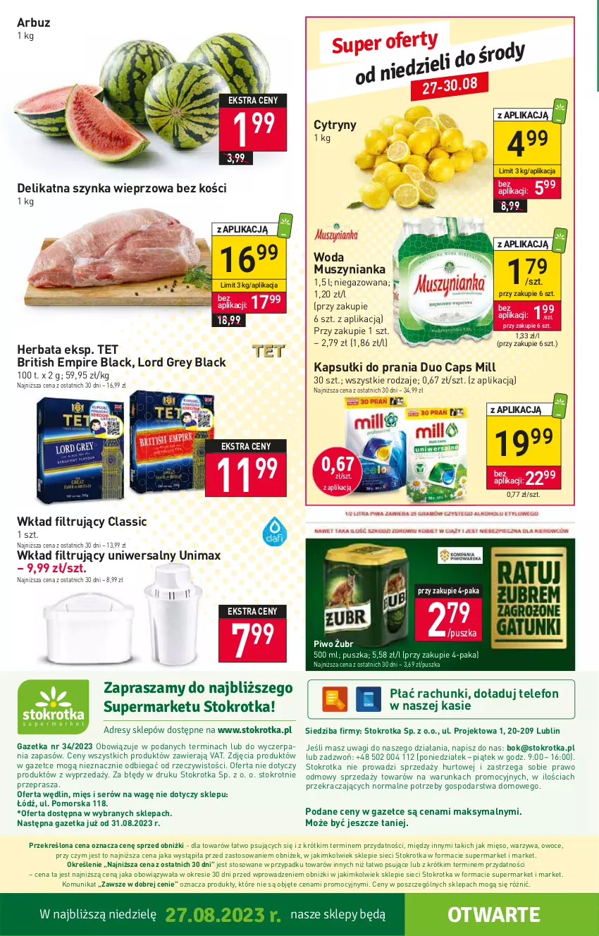 Gazetka promocyjna Stokrotka - Supermarket - ważna 24.08 do 30.08.2023 - strona 24 - produkty: Arbuz, Brit, Cytryny, Herbata, Kapsułki do prania, Lack, Mięso, Mus, Muszynianka, O nas, Owoce, Piwo, Ser, Szynka, Szynka wieprzowa, Telefon, Wagi, Warzywa, Wkład filtrujący, Woda