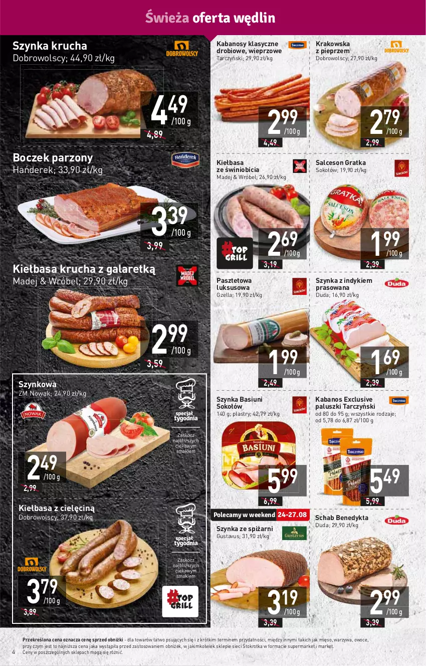 Gazetka promocyjna Stokrotka - Supermarket - ważna 24.08 do 30.08.2023 - strona 4 - produkty: BIC, Boczek, Duda, Gala, Gra, HP, Kabanos, Kiełbasa, Kiełbasa krucha, Mięso, NOWAK, Owoce, Pasztet, Pieprz, Salceson, Schab Benedykta, Sok, Sokołów, Szynka, Tarczyński, Warzywa