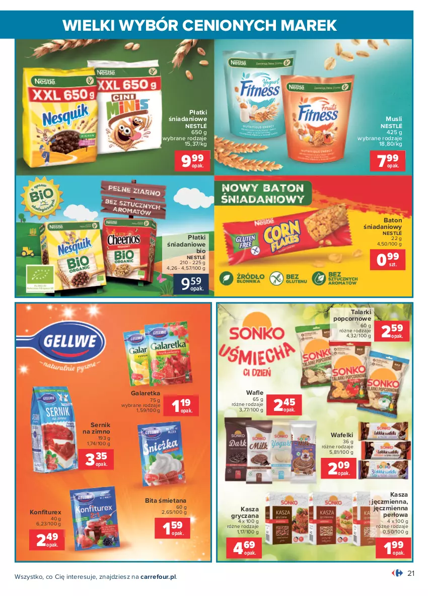 Gazetka promocyjna Carrefour - Gazetka Wielki wybór cenionych marek - ważna 19.07 do 31.07.2021 - strona 21 - produkty: Baton, Danio, Gala, Galaretka, Gry, Kasza, Kasza gryczana, Kasza jęczmienna, Mus, Nestlé, Popcorn, Ser