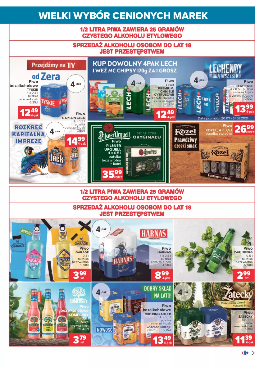 Gazetka promocyjna Carrefour - Gazetka Wielki wybór cenionych marek - ważna 19.07 do 31.07.2021 - strona 31 - produkty: Captain Jack, Carlsberg, Gra, Harnaś, Koc, Kozel, Lech Premium, Okocim, Pilsner Urquell, Piwa, Piwo, Radler, Somersby, Tyskie