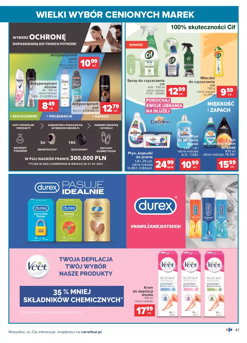 Gazetka promocyjna Carrefour - Gazetka Wielki wybór cenionych marek - ważna 19.07 do 31.07.2021 - strona 41 - produkty: Antyperspirant, Cif, Dove, Kapsułki do prania, Krem do depilacji, Mleczko, Płyn do płukania, Rexona, Spray do czyszczenia