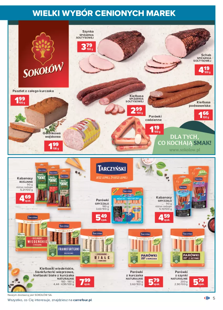 Gazetka promocyjna Carrefour - Gazetka Wielki wybór cenionych marek - ważna 19.07 do 31.07.2021 - strona 5 - produkty: Frankfurterki, Gry, Kabanos, Kiełbasa, Kiełbasa podwawelska, Kiełbaski białe, Kurczak, Parówki, Parówki z szynki, Pasztet, Sok, Sokołów, Szynka, Wawel