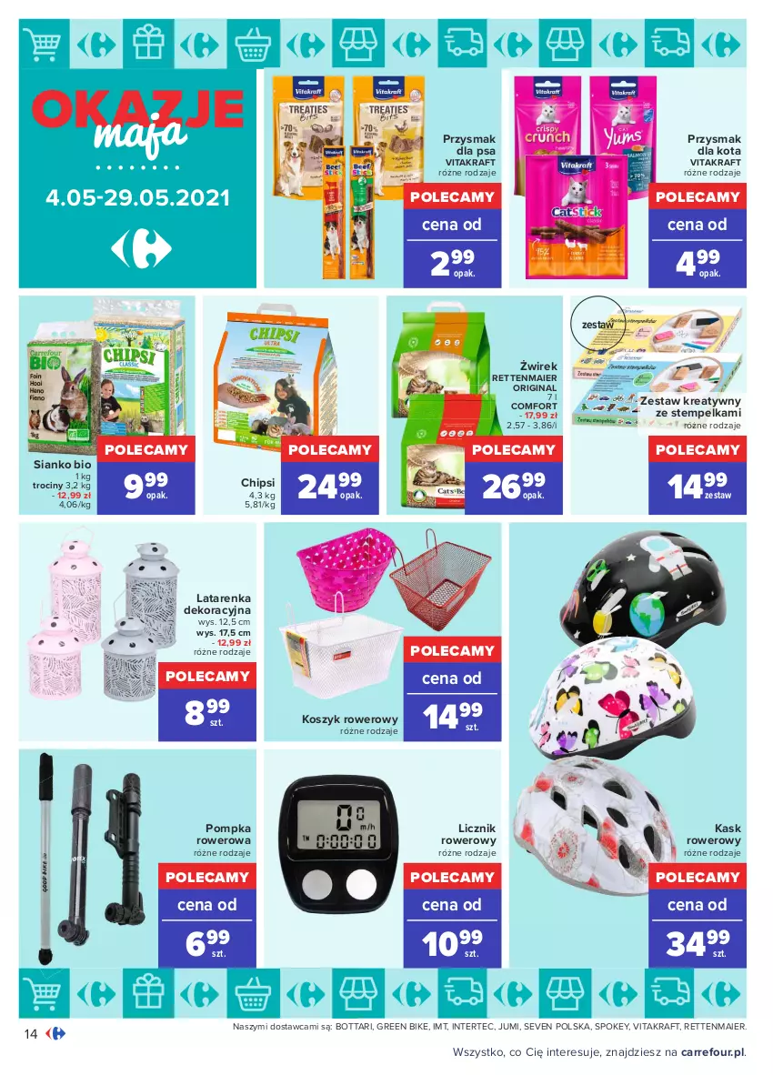 Gazetka promocyjna Carrefour - Gazetka Okazje Maja - ważna 03.05 do 29.05.2021 - strona 14 - produkty: Gin, Kask, Kosz, Latarenka, Pompka, Przysmak dla kota, Przysmak dla psa, Rower, Vitakraft